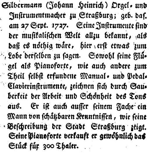 "Musikalischer Almanach für Deutschland auf das Jahr 1782", Nikolaus Forkel. Aus dem Kapitel: "Verzeichnis der besten Instrumentenmacher in Deutschland"