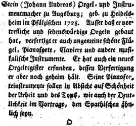 "Musikalischer Almanach für Deutschland auf das Jahr 1782", Nikolaus Forkel. Aus dem Kapitel: "Verzeichnis der besten Instrumentenmacher in Deutschland"