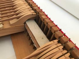 Tastenenden und deren Führung sowie die Auslöser. Das Schnabel-Ende der Hammerstiele liegt auf dem Tuch der Abdeckleiste der Tastenführung auf.