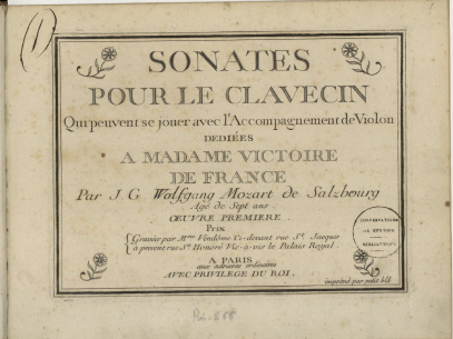 Titel des Erstdrucks von W. A. Mozarts opus 1, die Sonate für Cembalo mit Begleitung einer Violine KV 6